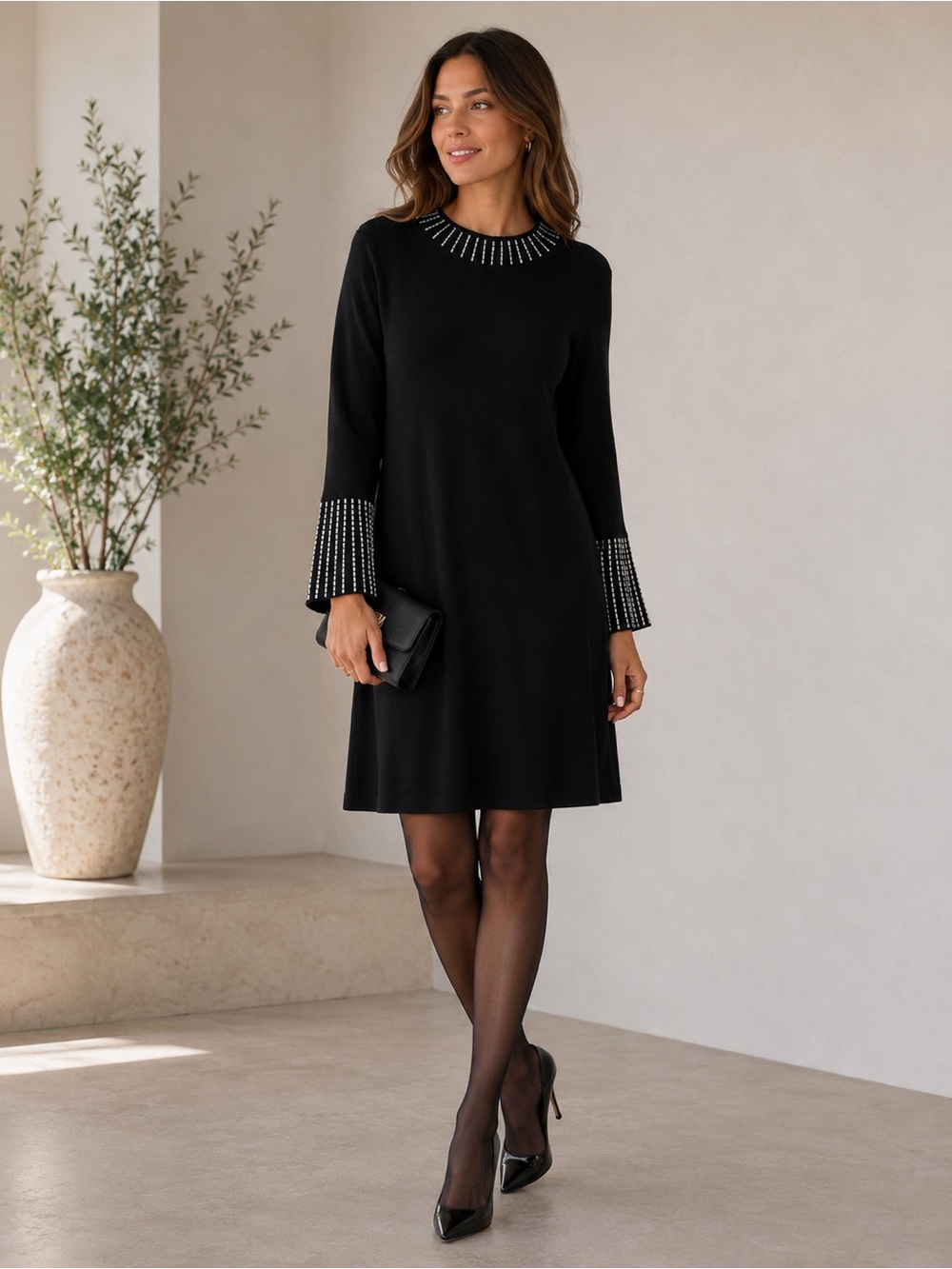 Calvin Klein Nailhead Embellished Knit Long  Sleeve Black Dress, L
